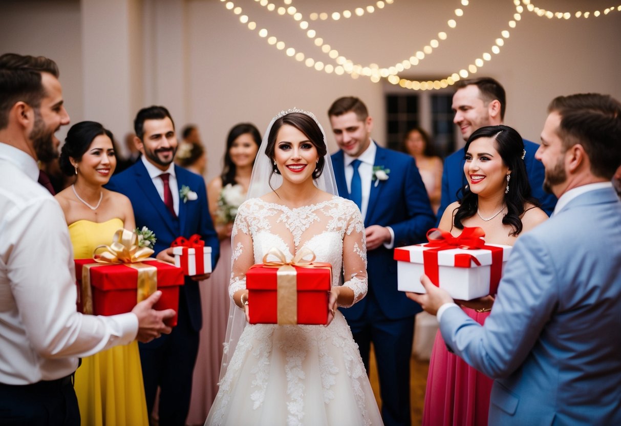 The bride presents gifts to her guests at the reception