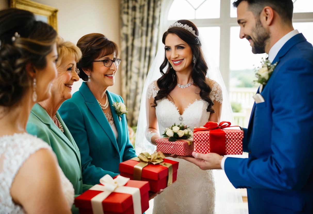 The bride gives gifts to her wedding guests and close family members