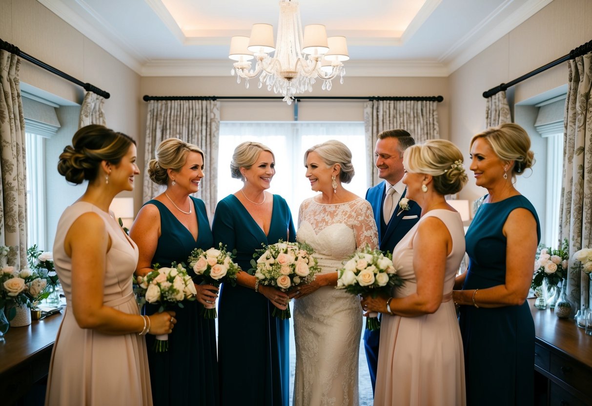 The mother of the groom gets ready with her close family and friends in a cozy and elegant dressing room, surrounded by flowers and soft lighting
