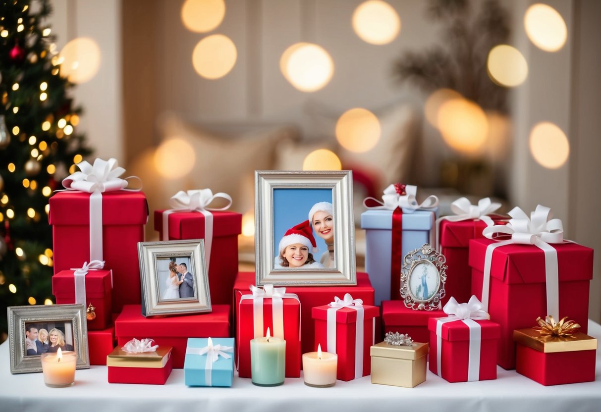 A table with various wrapped gifts, such as candles, photo frames, and jewelry boxes, arranged in an elegant display