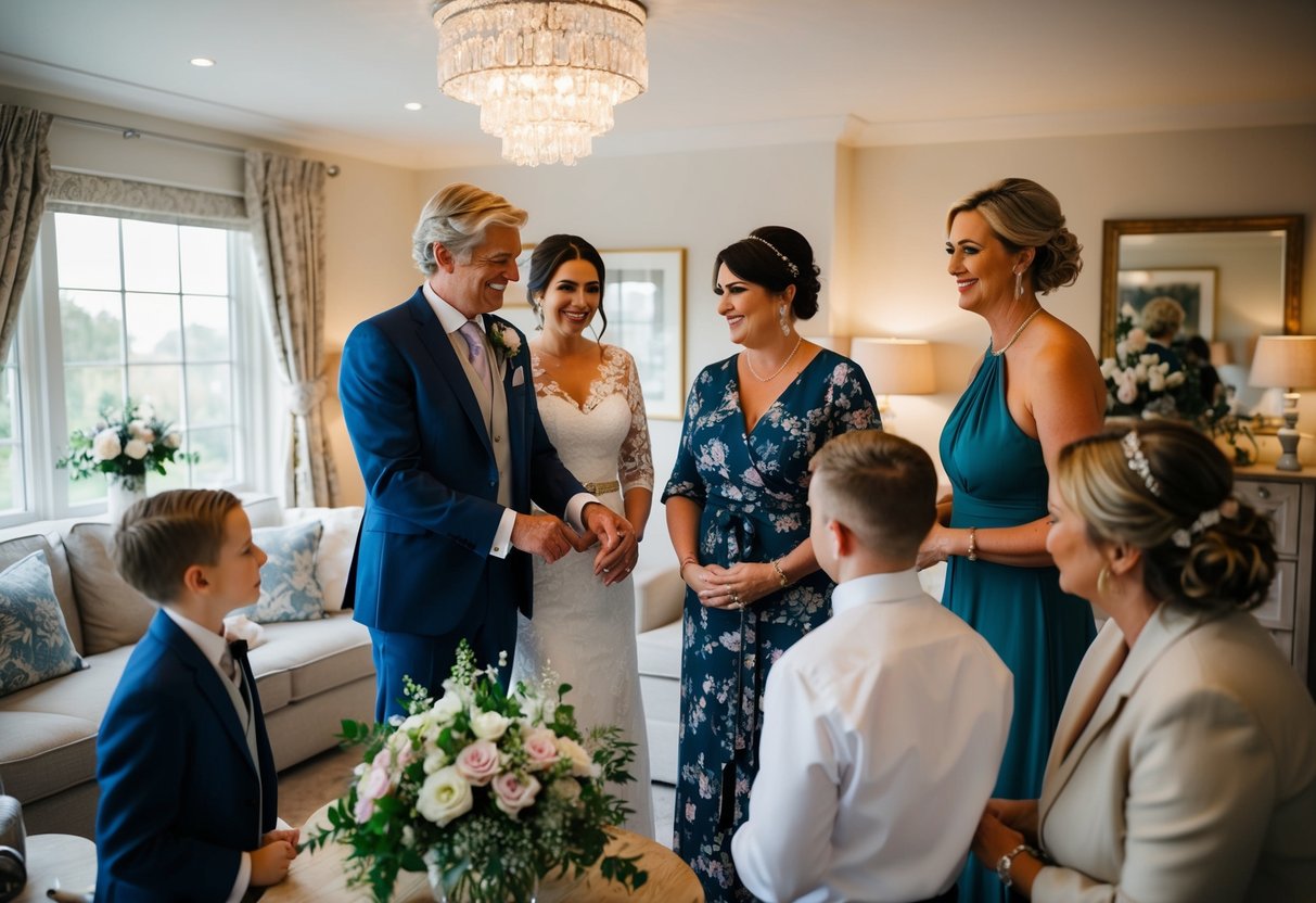 The mother of the groom gets ready with her close family and friends in a cozy, well-lit room filled with flowers and wedding attire