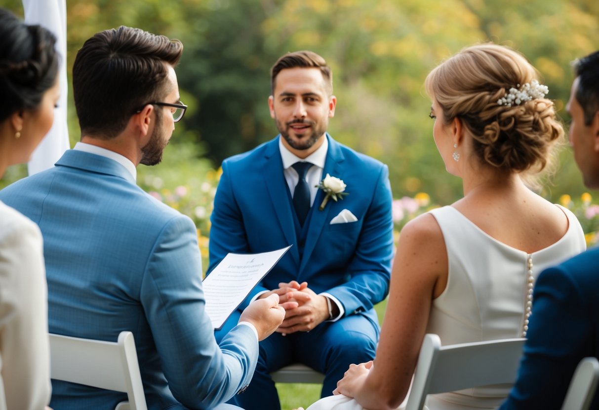 A couple seated facing an officiant, discussing details and answering questions about their relationship and intentions for marriage