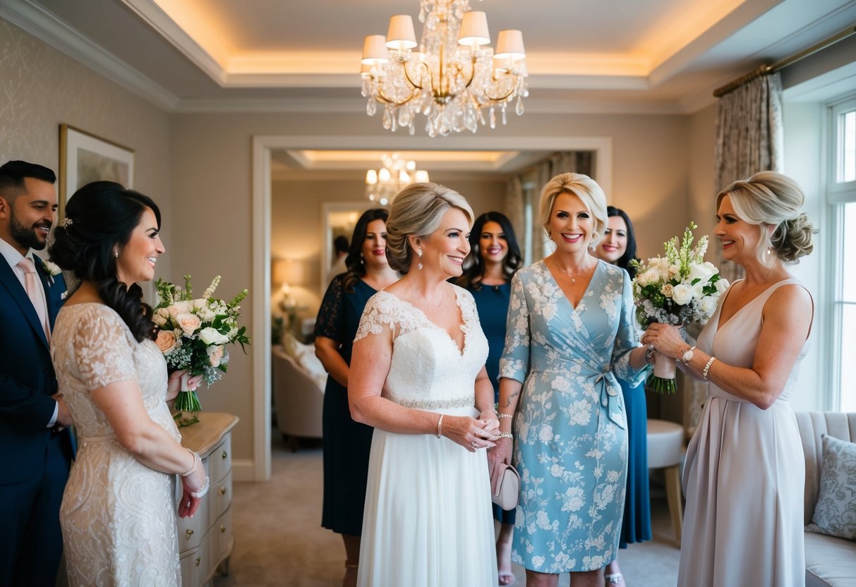 The mother of the groom gets ready with her close family and friends in a cozy and elegant dressing room filled with flowers and soft lighting