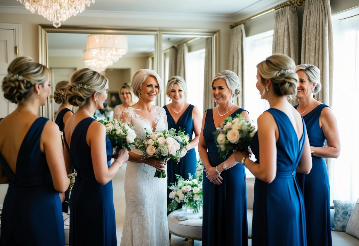 The mother of the groom gets ready with her friends and family in a well-lit, elegant dressing room filled with mirrors and flowers