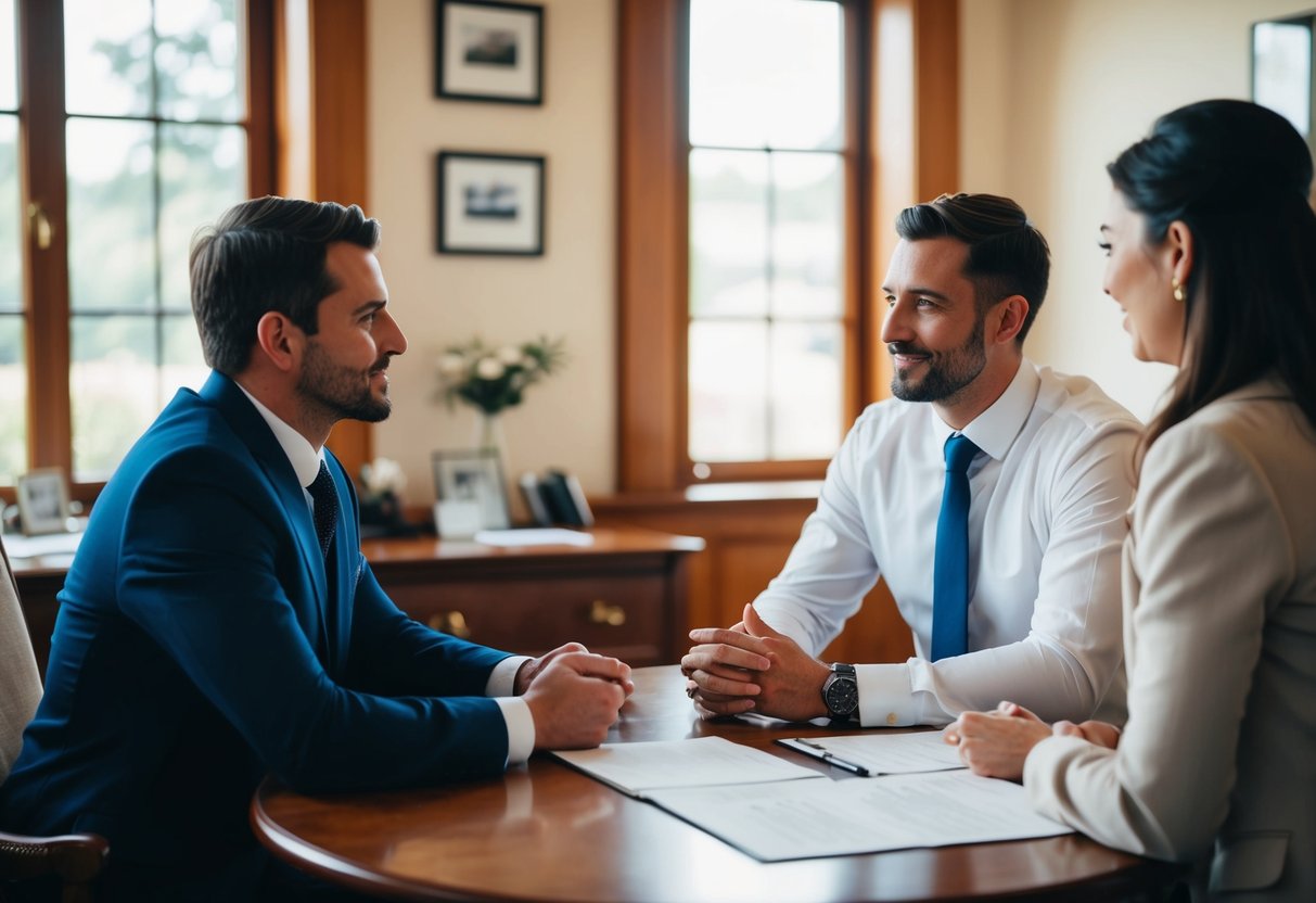 A couple sits across from an official at a table in a cozy office, discussing wedding plans and answering questions