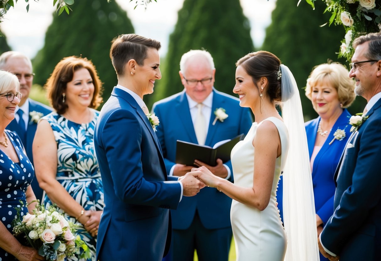 A wedding ceremony with a couple exchanging vows while surrounded by their family members as witnesses
