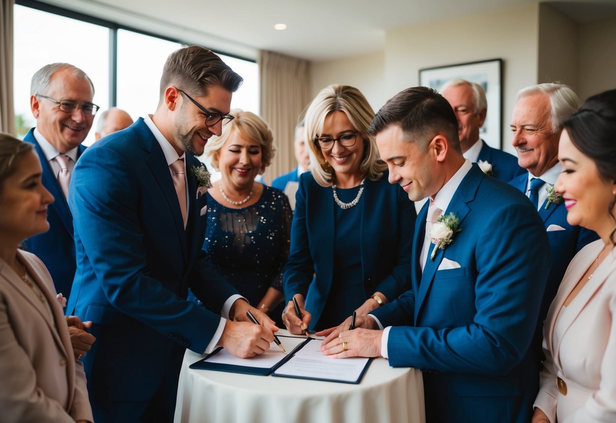 A wedding scene with two individuals signing a legal document as witnesses, surrounded by family members and a celebrant