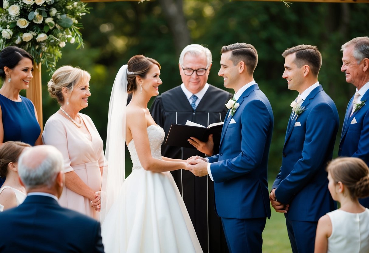 A bride and groom stand before a wedding officiant, surrounded by their families. The couple selects their closest relatives to serve as their witnesses