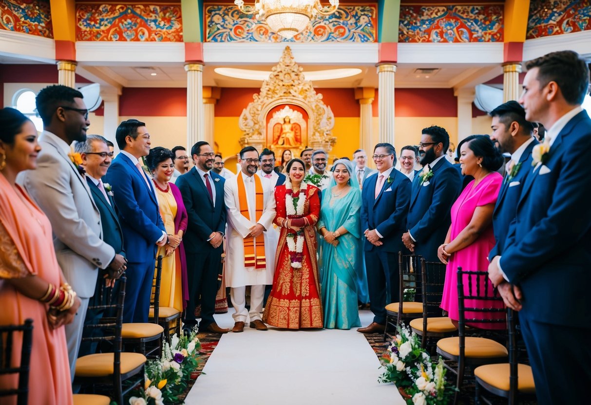 A diverse group gathers in a vibrant, ornate ceremony space, representing various cultural backgrounds and personal beliefs. They stand together, witnessing a wedding with joy and respect
