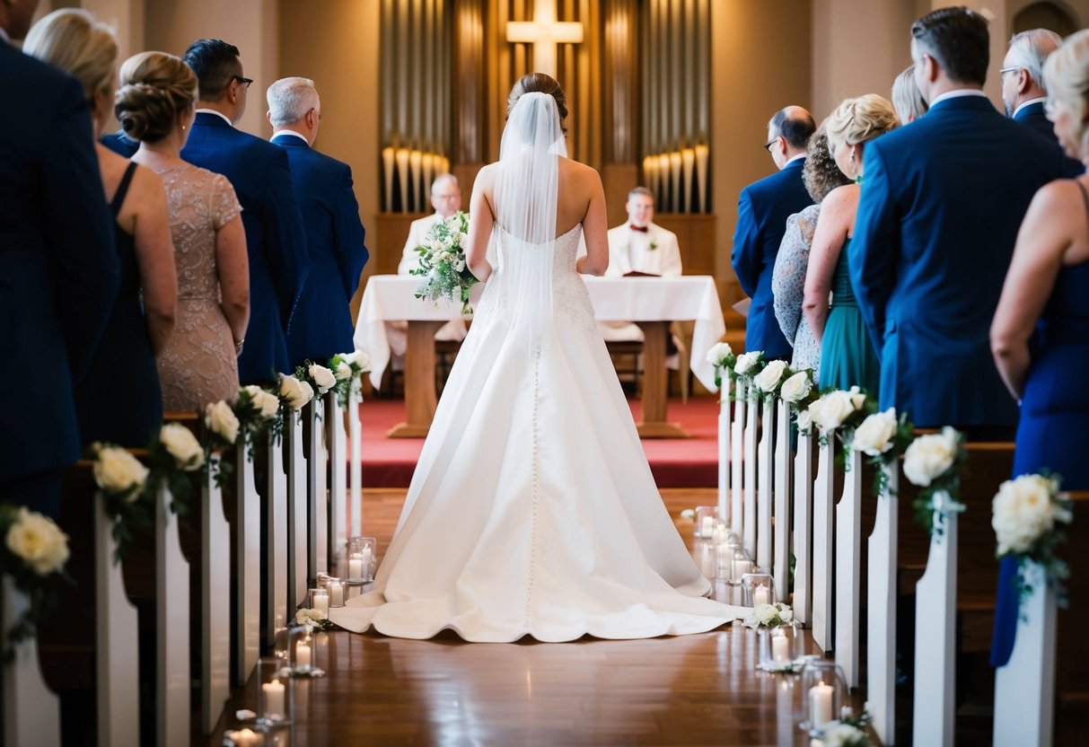 The bride enters first in the wedding ceremony, walking gracefully towards the altar