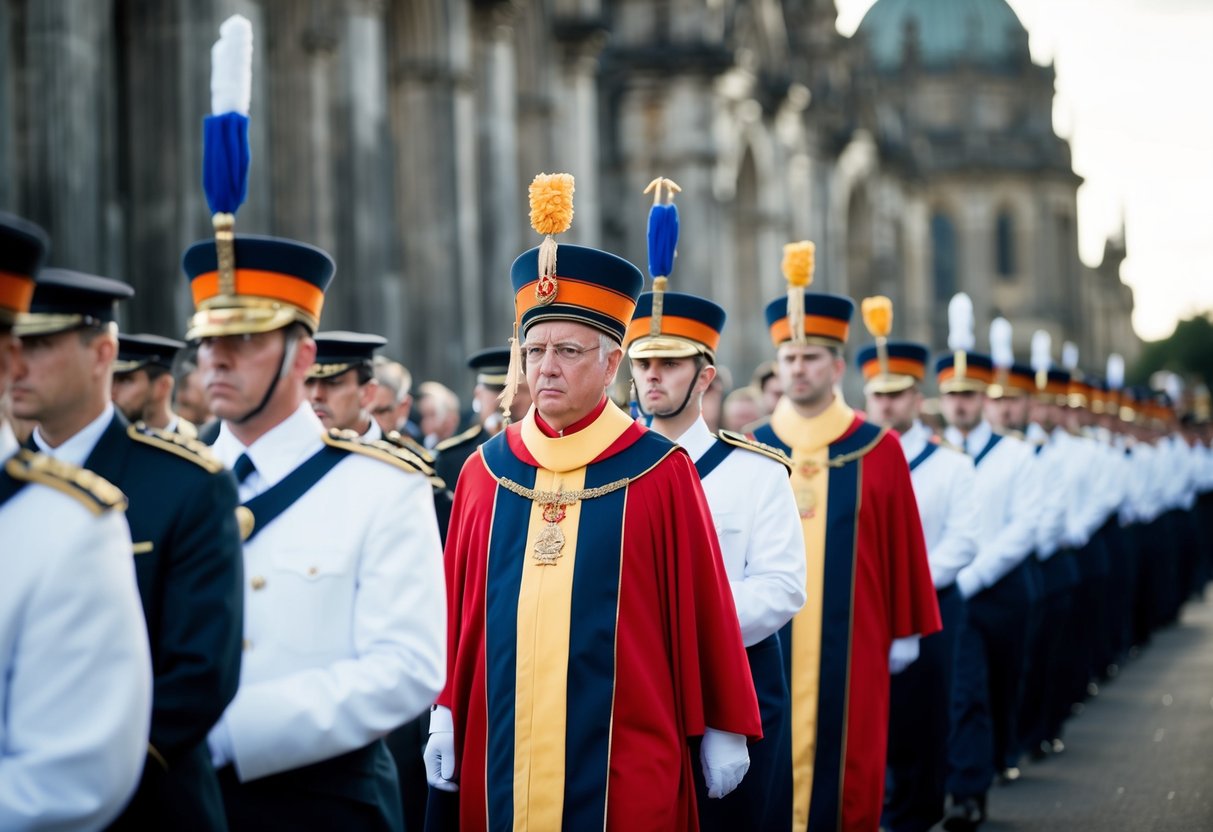 A figure in ceremonial attire leads the procession, followed by others in a solemn and orderly manner