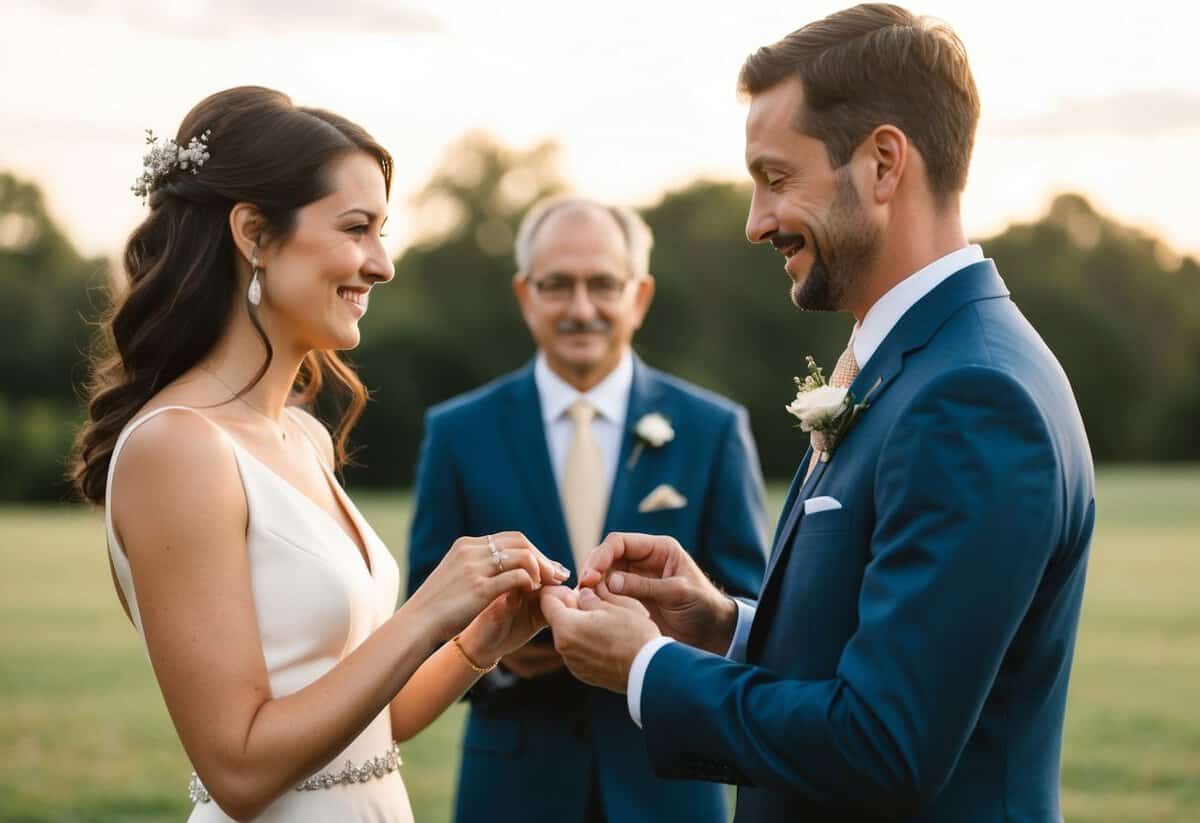 A couple exchanging rings in a simple outdoor ceremony