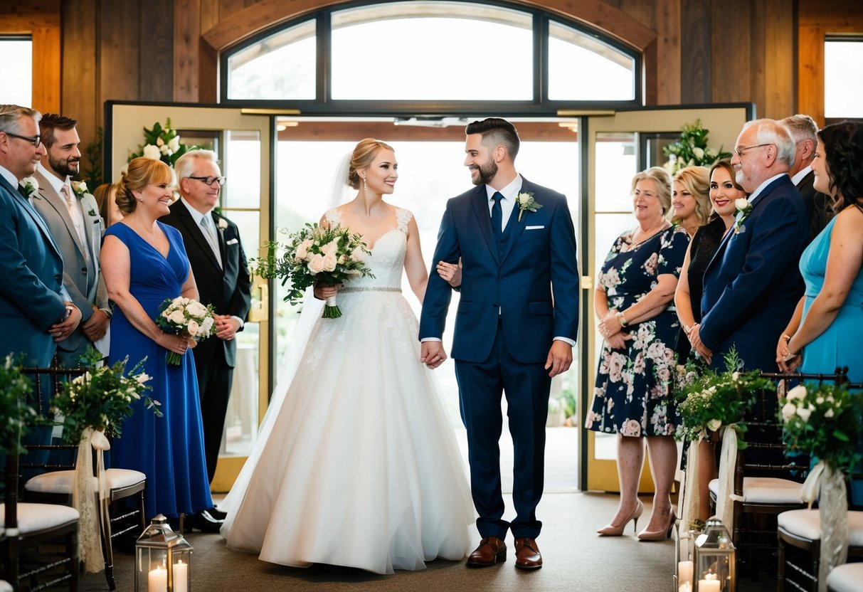 A bride and groom stand at the entrance of a wedding venue, surrounded by family and friends. The couple waits to be greeted by the officiant before entering the ceremony