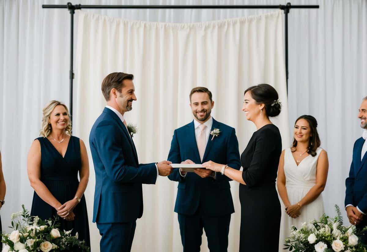 A couple standing in front of a simple backdrop exchanging vows with a small group of witnesses