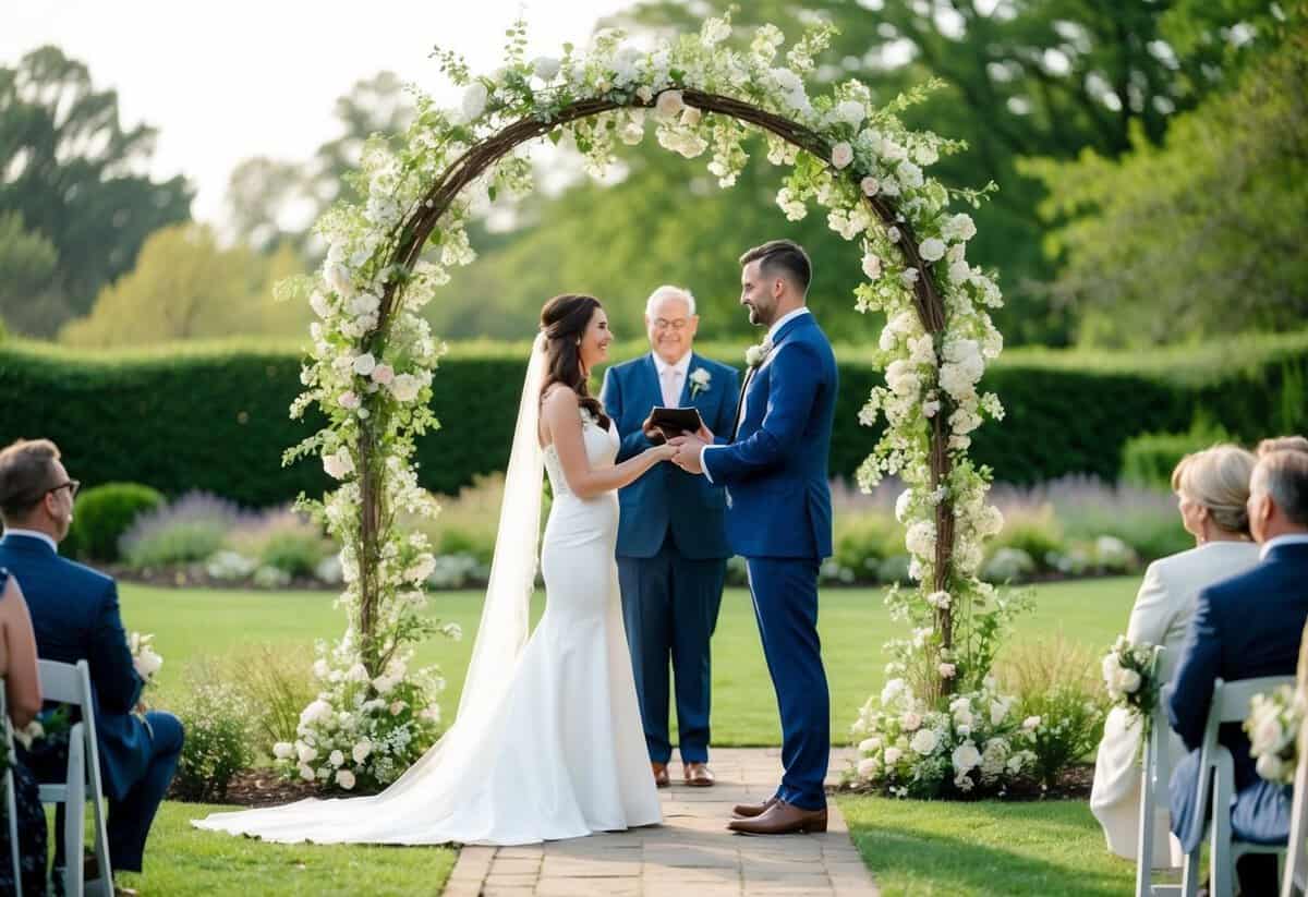 A couple standing in a peaceful garden, exchanging vows under a blooming archway, symbolizing their commitment without a traditional wedding ceremony