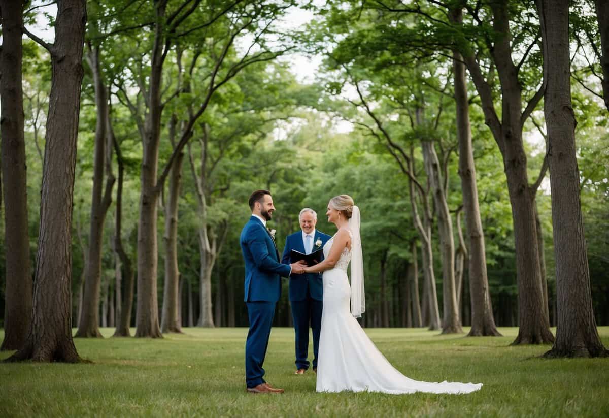 A couple stands beneath a canopy of trees, exchanging vows in a serene forest clearing. No traditional wedding elements are present, only the couple and the natural surroundings