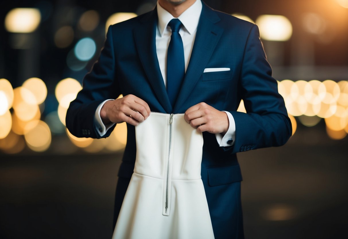 A dress is being zipped up by a figure in a formal suit