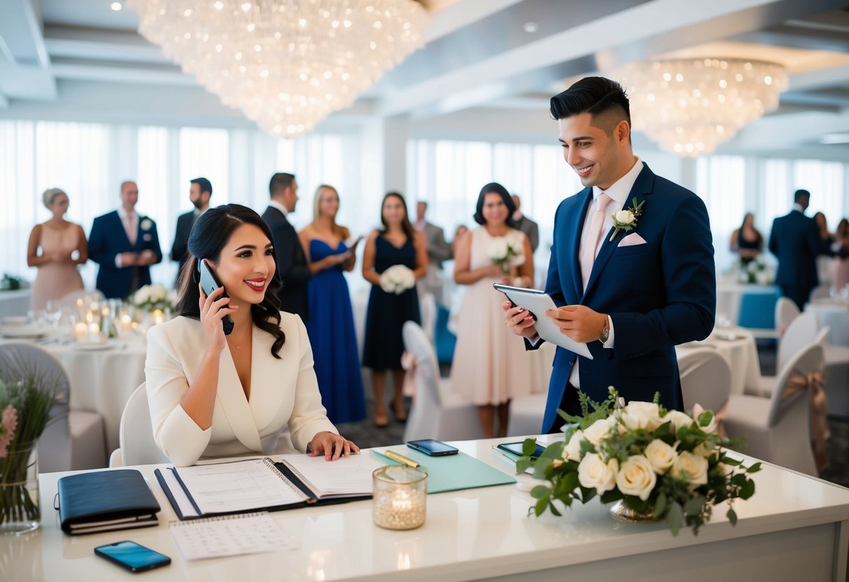 A wedding planner sits at a desk with a calendar, checklist, and phone, while a wedding organizer stands in a bustling event space coordinating vendors and decorations