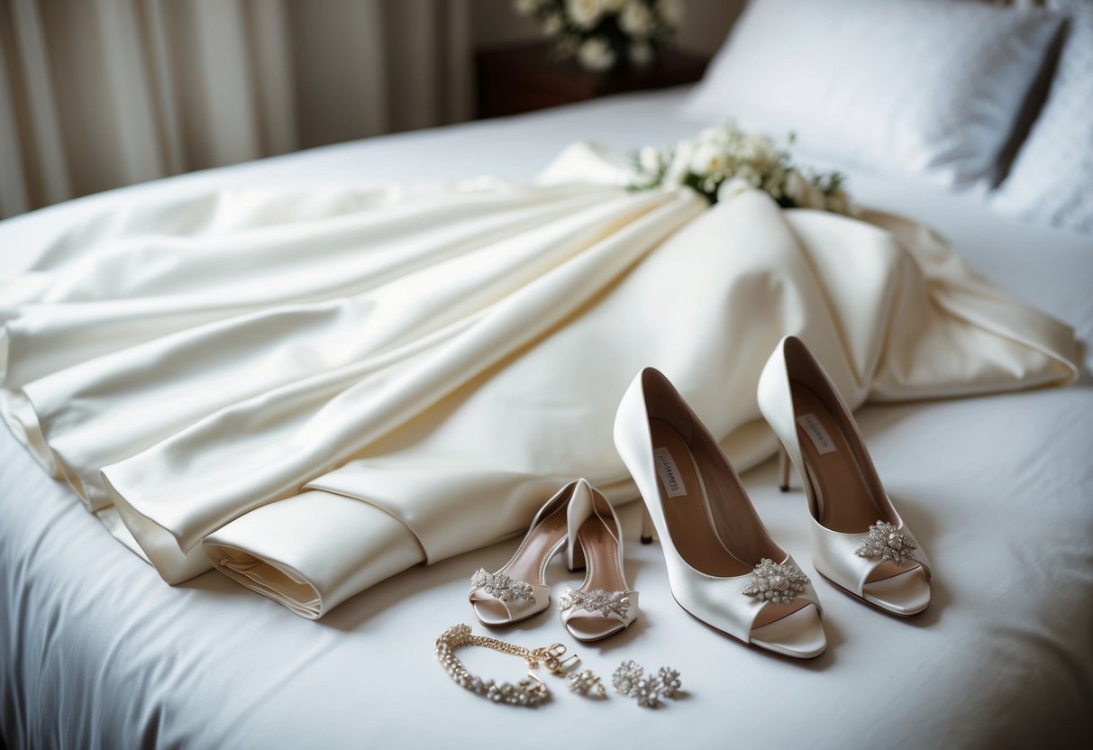 A wedding gown laid out neatly on a bed, surrounded by a collection of delicate accessories and a pair of elegant heels