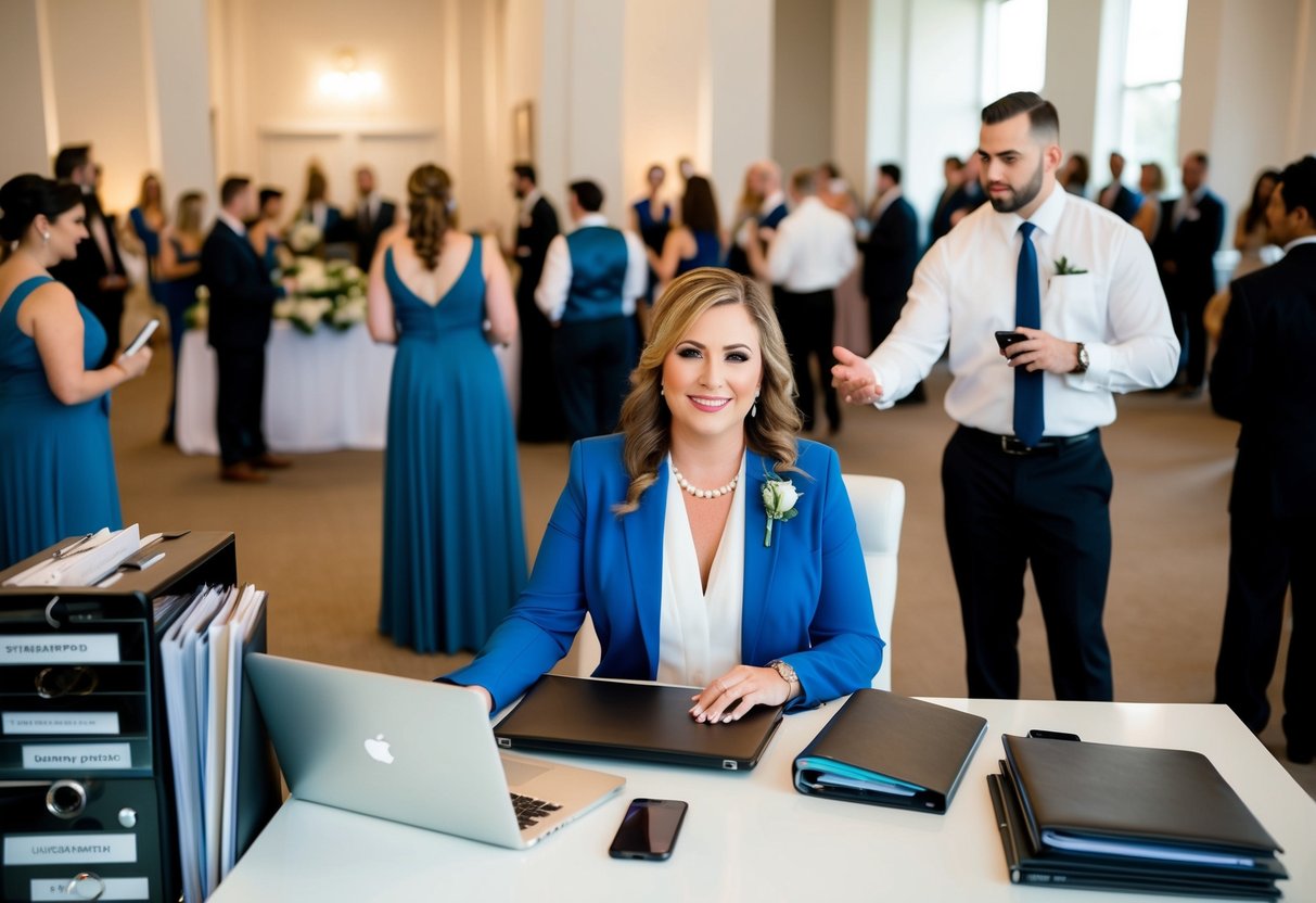 A wedding planner sits at a desk with a laptop and phone, surrounded by binders and folders. A wedding organizer stands in a bustling event space, directing vendors and staff