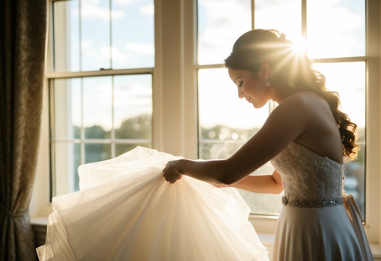 Sunlight streams through the window as the bride's gown is delicately lifted and fastened