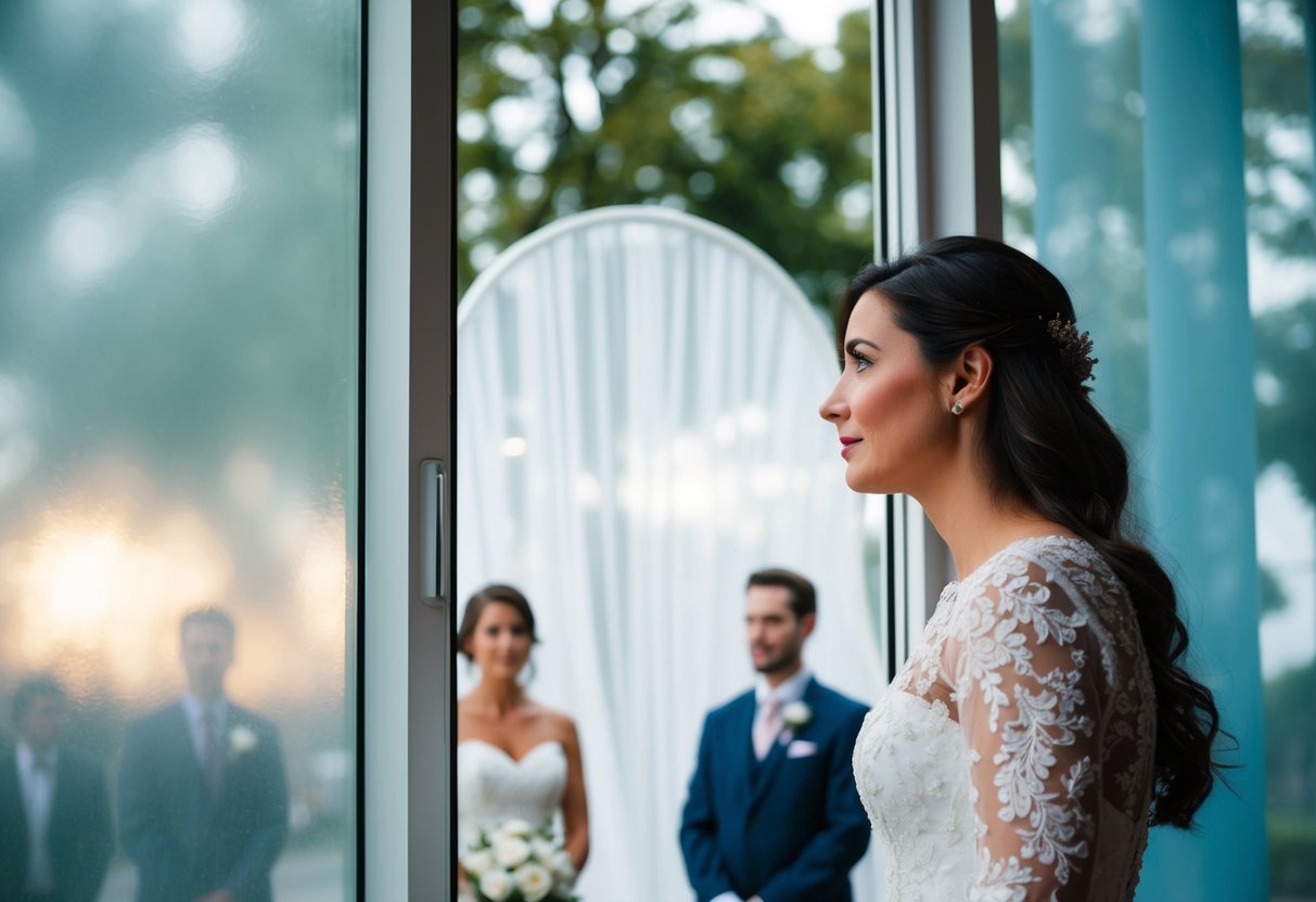 A woman stands outside a frosted glass window, unable to see through. Inside, a wedding ceremony is taking place, but she remains on the outside looking in