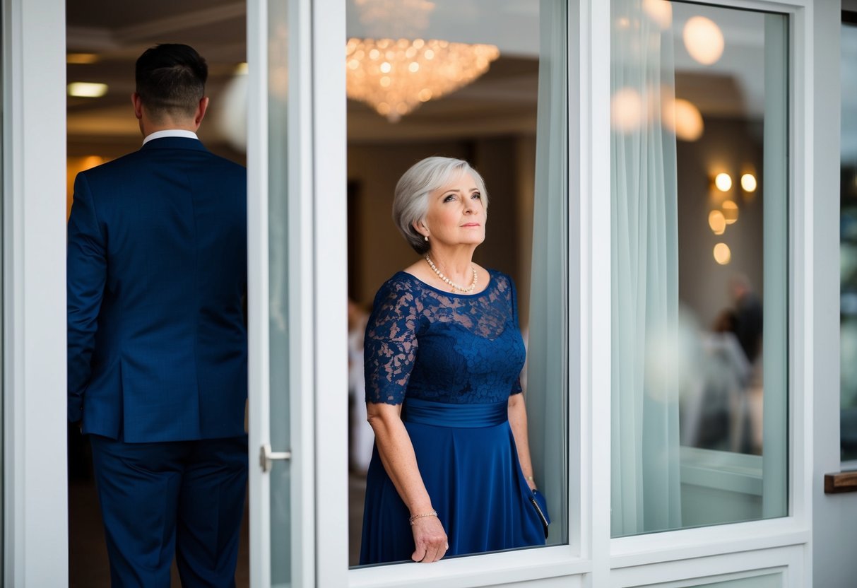 A mother of the groom stands outside a wedding venue, unable to see inside through the frosted glass windows. She looks on with a mix of sadness and longing