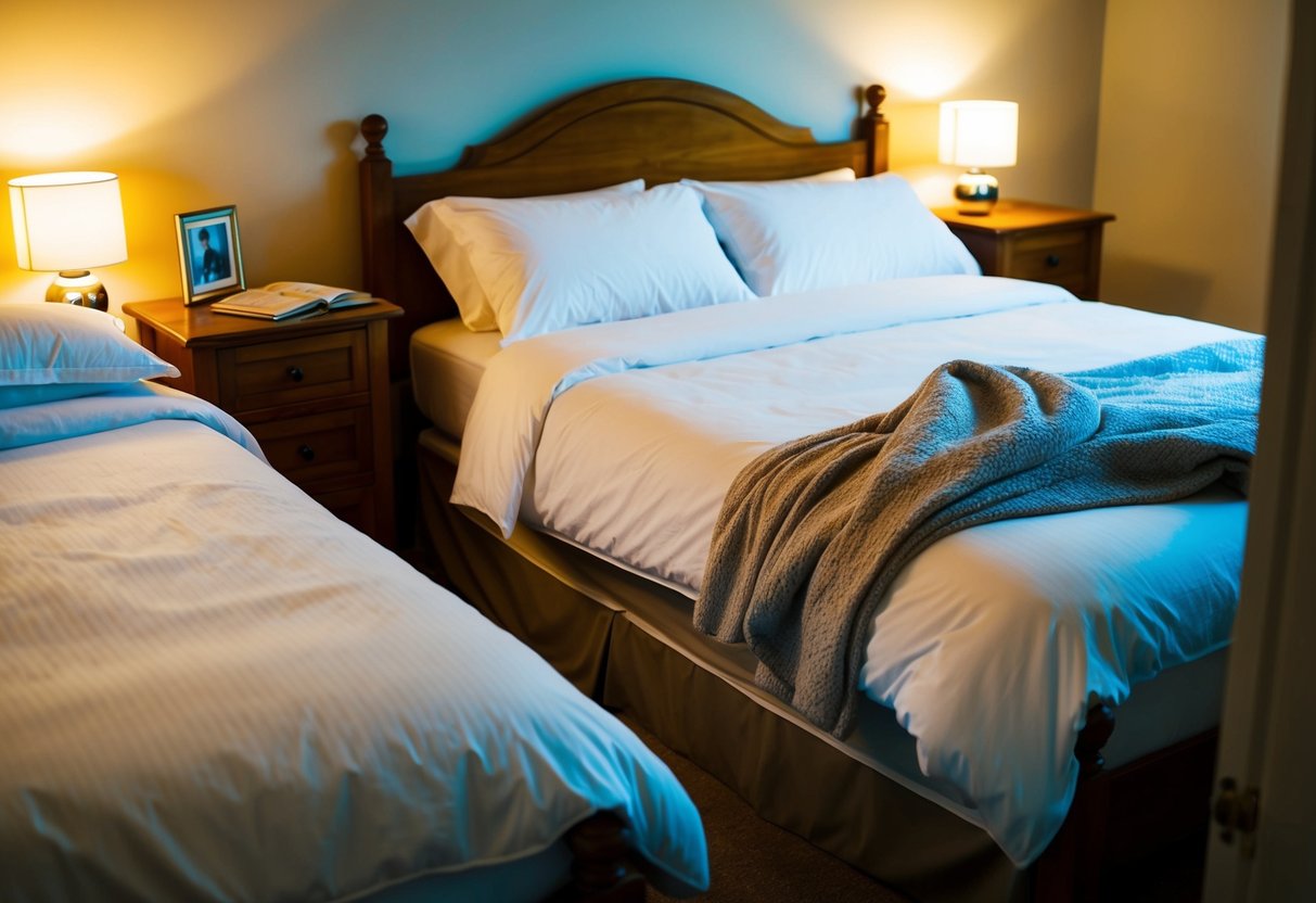 A cozy bedroom with two separate beds, one neatly made and the other slightly rumpled, with a soft glow from a bedside lamp