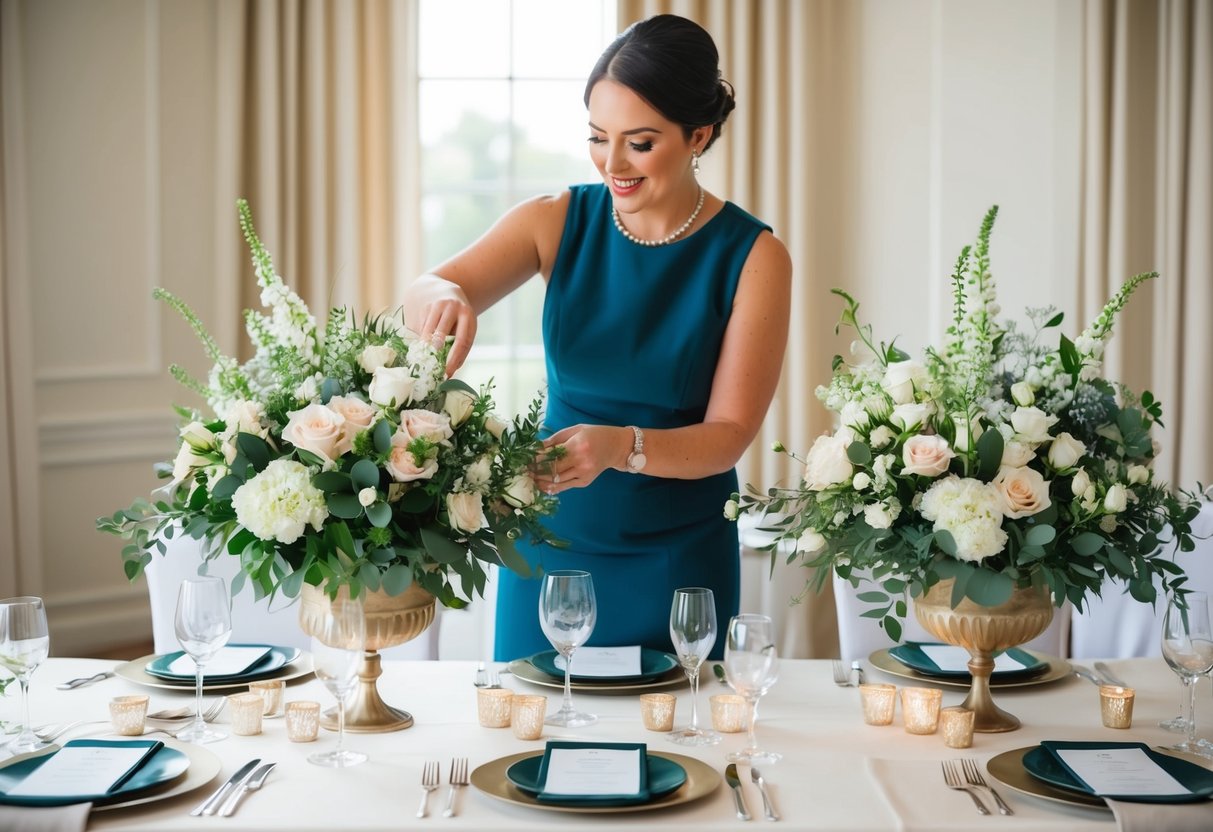 A wedding and event stylist arranging floral centerpieces on a table with elegant linens and place settings