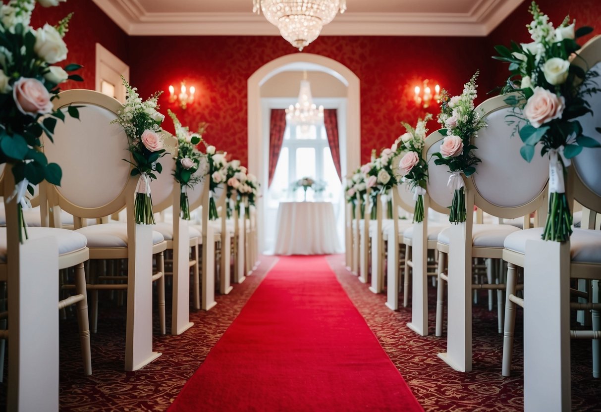 A traditional UK wedding aisle with floral decorations and a red carpet