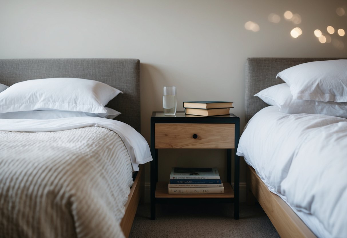 A cozy bedroom with two separate beds, one neatly made and the other rumpled, with a nightstand between them holding a book and a glass of water