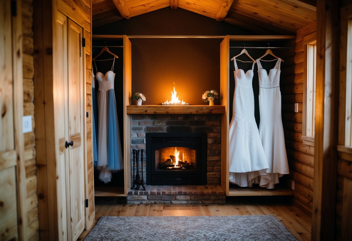A cozy cabin nestled in the woods, with a warm fire crackling in the hearth and two sets of wedding attire hanging neatly in the closet