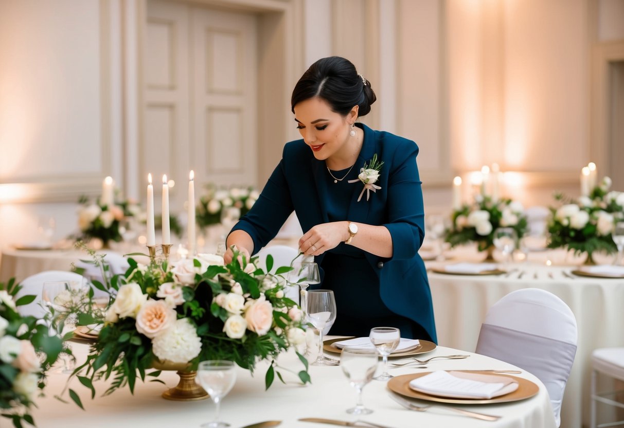 A wedding and event stylist arranging floral centerpieces on a table with elegant linens and place settings