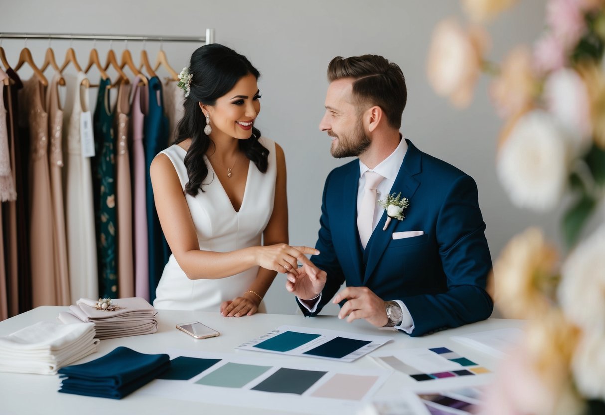 A wedding stylist meeting with a couple, discussing themes and color palettes, surrounded by fabric swatches and design sketches