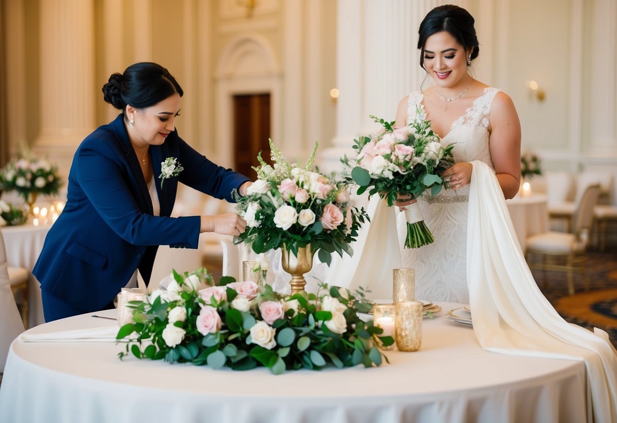 A wedding and event stylist arranging floral centerpieces and draping fabric in a grand ballroom