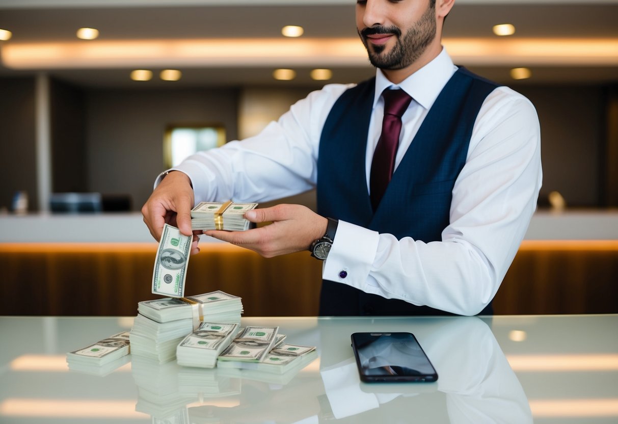 A groom placing a stack of cash on a hotel reception desk