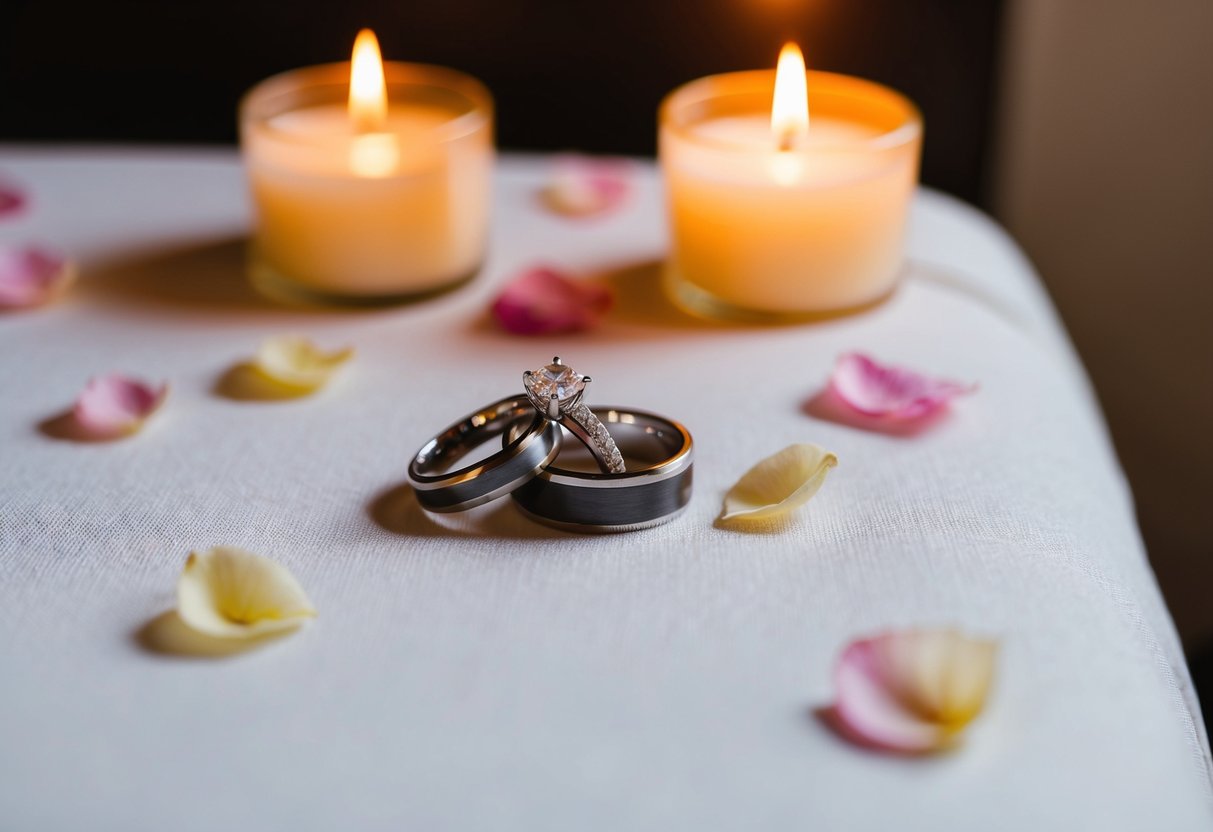 A couple's wedding rings placed on a bedside table, surrounded by soft candlelight and rose petals