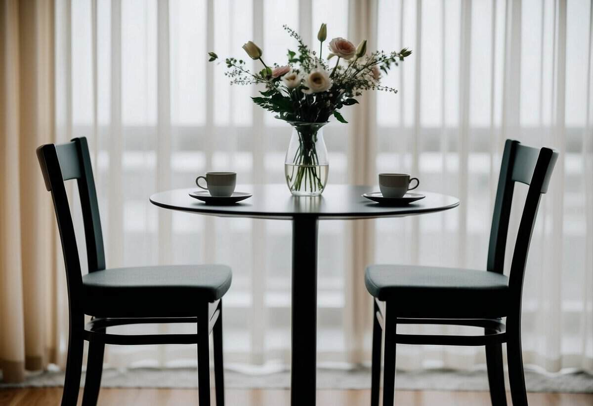 A round table with two chairs facing each other, a vase of flowers in the center, and two empty cups on saucers