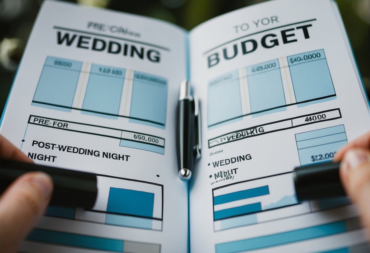 A couple's wedding budget is divided into sections for pre and post-wedding events. The scene depicts the allocation of funds for the wedding night