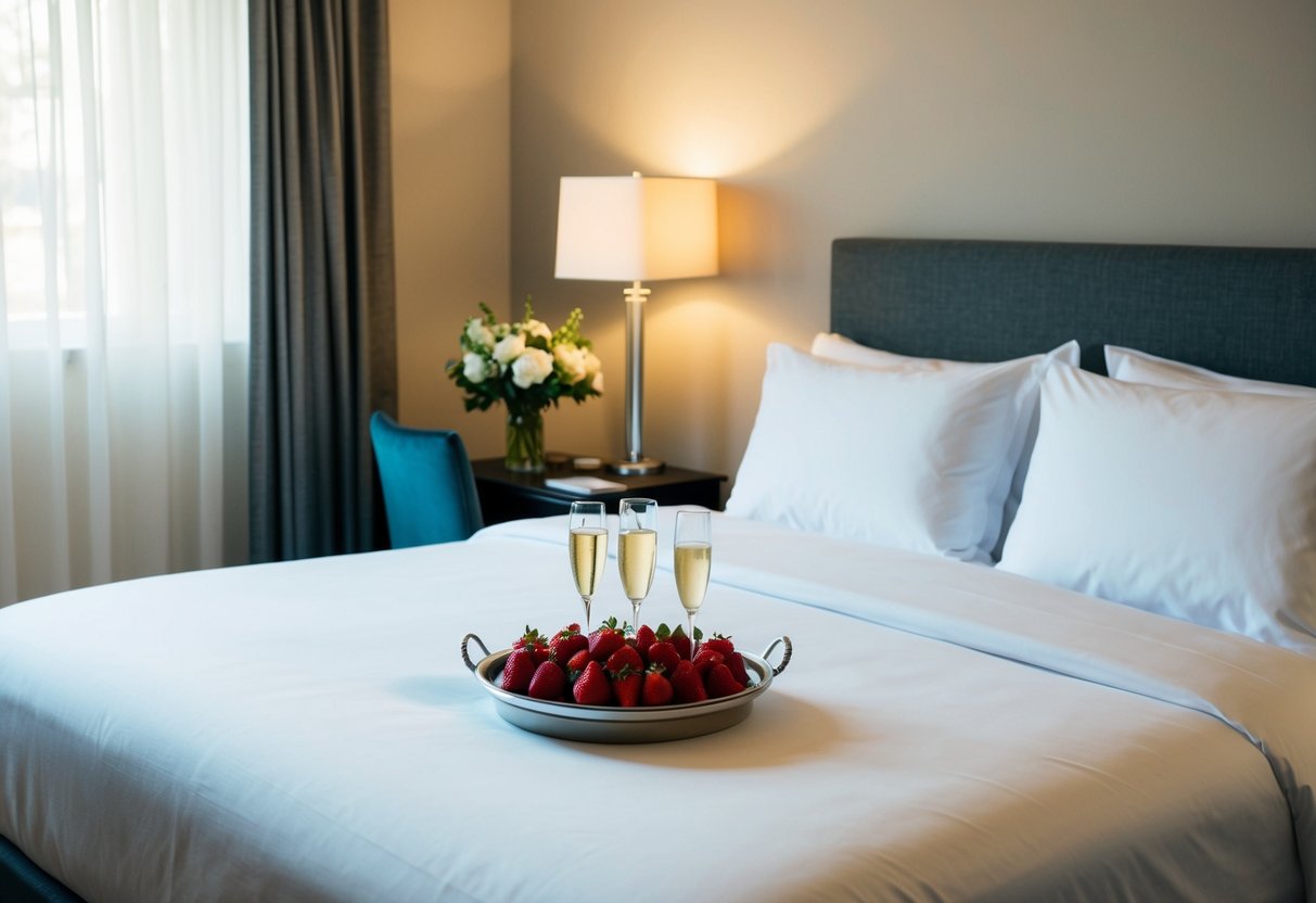 A newlywed couple's bedroom with a neatly made bed, soft lighting, and a tray of champagne and strawberries on a side table