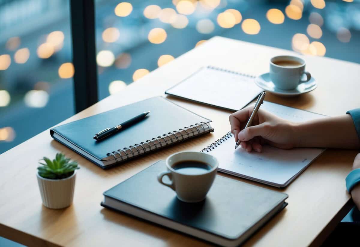 A table set for two with a notebook, pen, calendar, and a cup of coffee