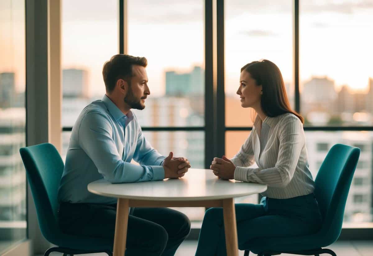 A couple sits across from each other at a table, discussing finances, scheduling, emotional connection, and future plans
