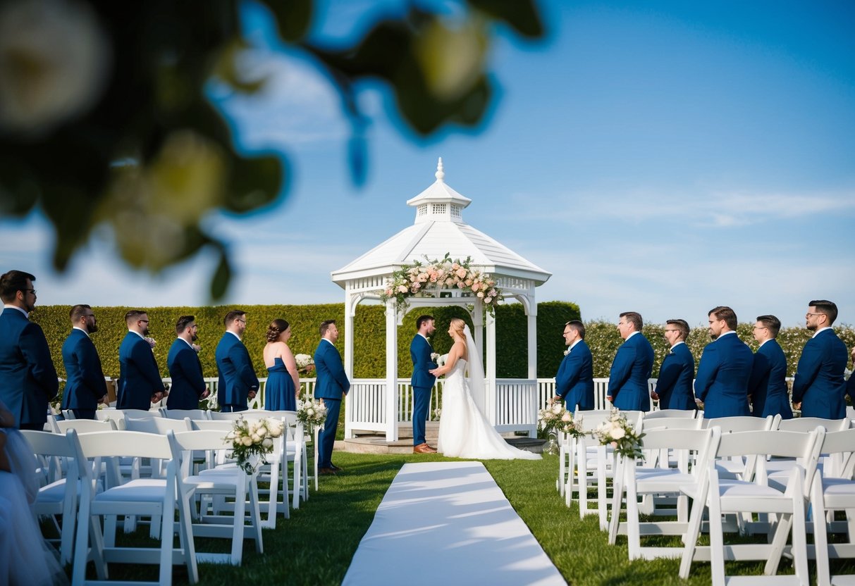 A wedding ceremony in a garden with a white gazebo, rows of chairs, and a floral arch. The bride and groom stand at the altar under a blue sky