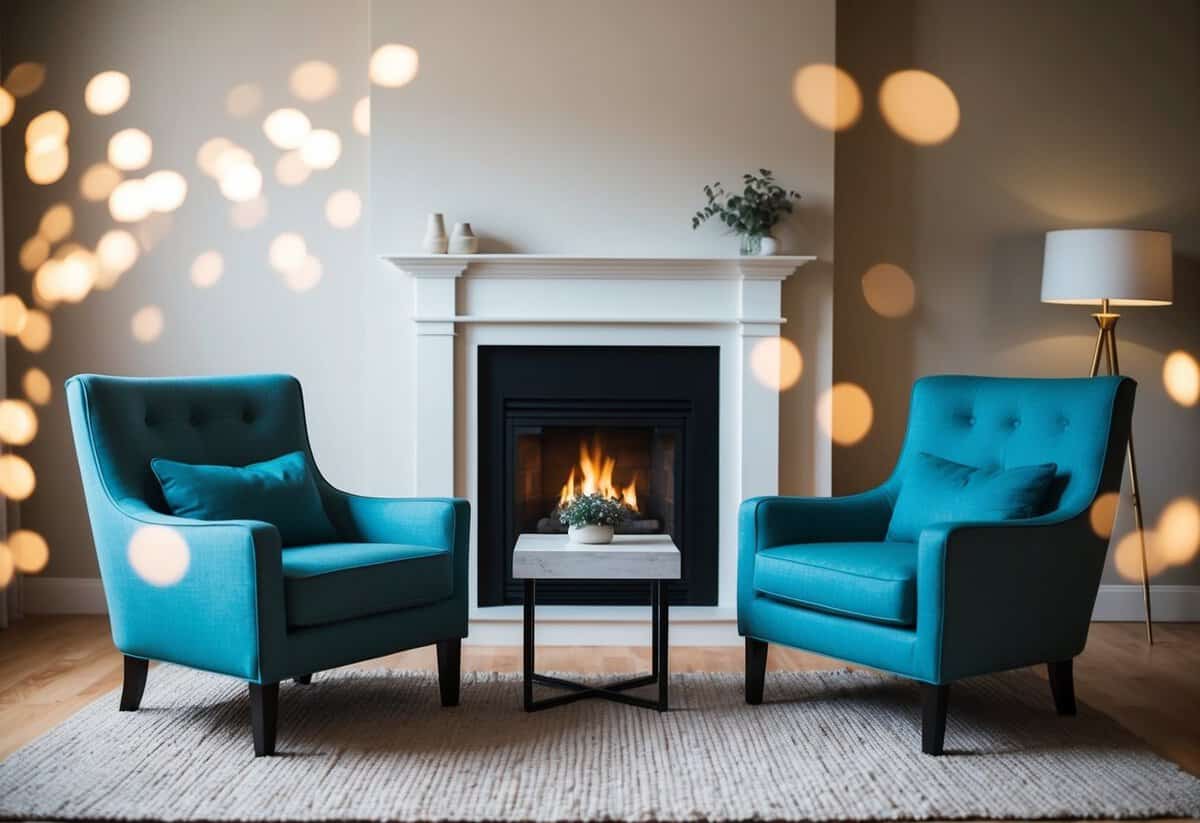 A cozy living room with two chairs facing each other, a small table in between, and a warm fireplace in the background