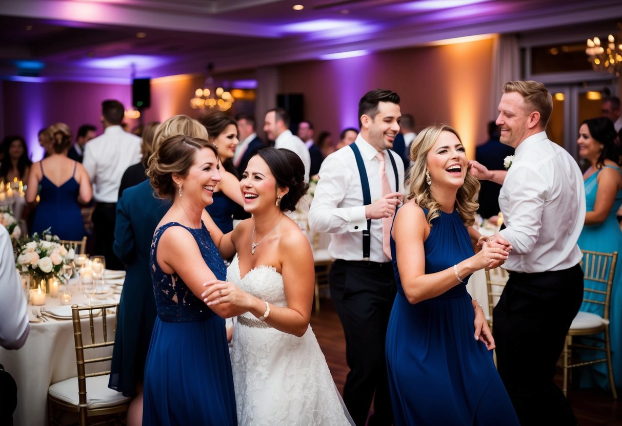 Guests dancing, laughing, and mingling at a lively wedding reception. Tables adorned with flowers and candles. A band playing music on a stage