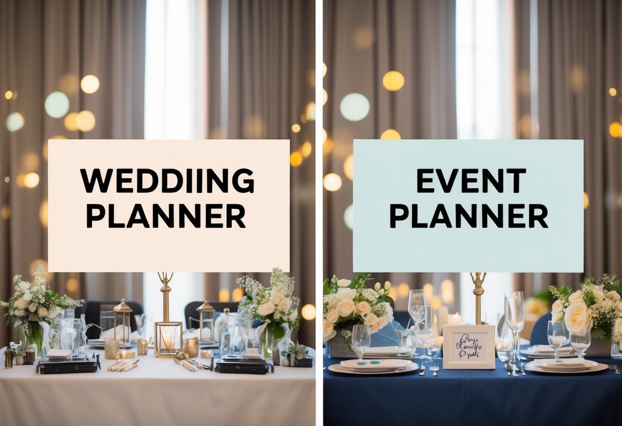 A wedding planner and an event planner are depicted side by side, each with their own unique set of tools and decorations, symbolizing the differences between the two roles