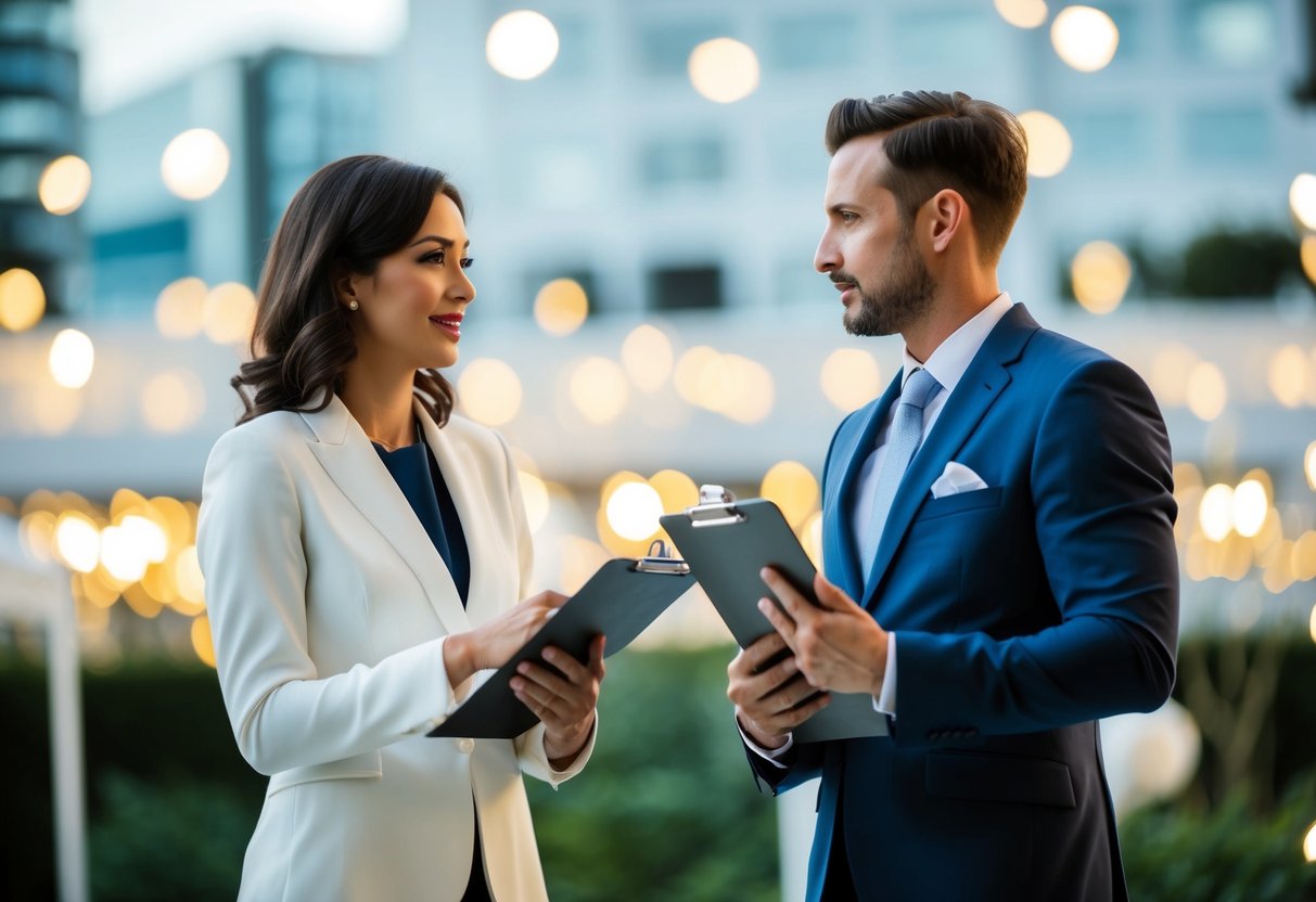 A wedding planner and an event planner stand side by side, each holding a clipboard and discussing details for their respective upcoming events