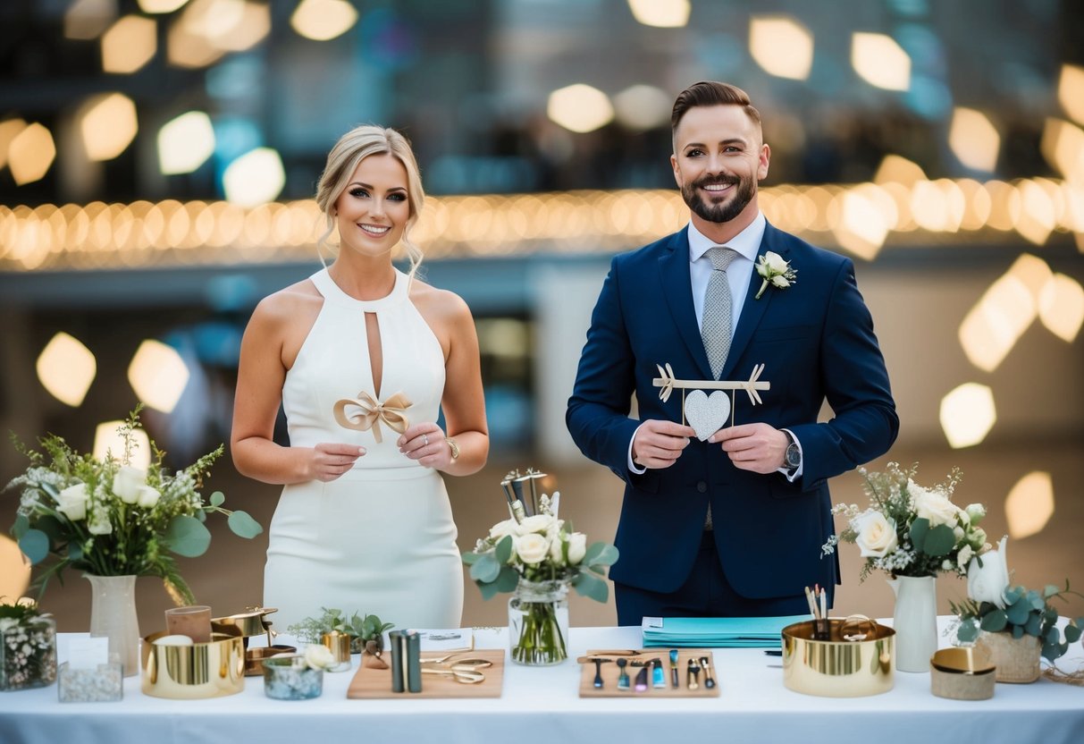 A wedding planner and an event planner stand side by side, each with their unique tools and decorations, showcasing their specialization and expertise