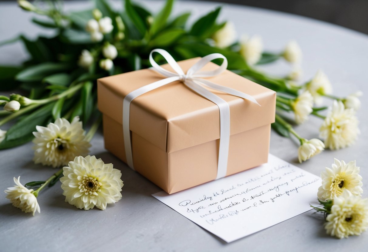 A beautifully wrapped gift box sits on a table, surrounded by delicate flowers and a handwritten note