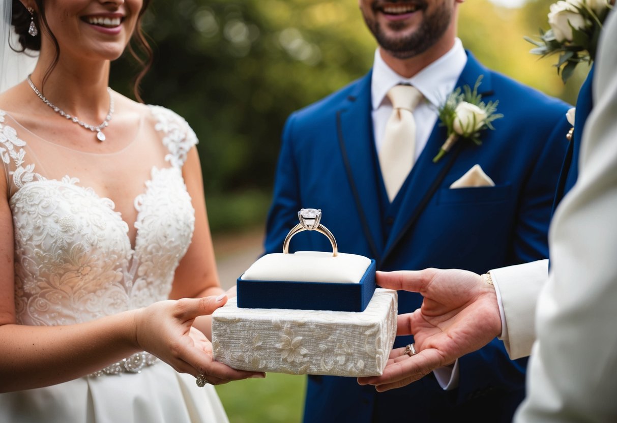 A ring bearer presents the ring to the bride on a cushion or in a decorative box